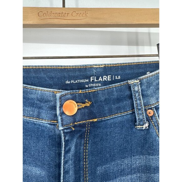 Chicos 1.5 Platinum Flare Jeans Size 10 Blue Denim Cotton stretch, medium wash - Picture 2 of 5